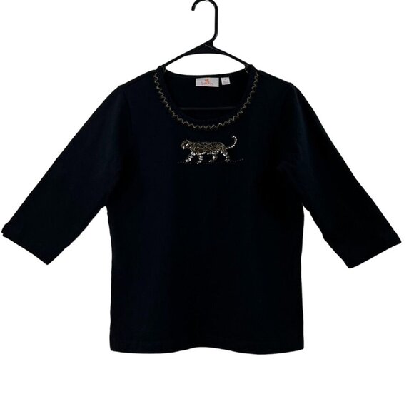 Quacker Factory Womens Black Beaded Panther 3/4 Sleeve Top Size S 100% Cotton - Picture 1 of 9
